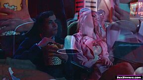 SexSinners com - GF Gets Bored and Sucks BF's Huge Cock in Cinema with Deepthroat Fucking!