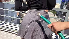 I got so excited on the balcony with these two amateur girls giving me footjobs barefoot, then we had outdoor threesome sex with my big dick.