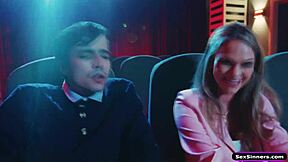 SexSinners com - GF Gets Bored and Sucks BF's Huge Cock in Cinema with Deepthroat Fucking!