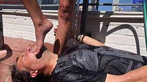 I got so excited on the balcony with these two amateur girls giving me footjobs barefoot, then we had outdoor threesome sex with my big dick.