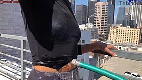 I got so excited on the balcony with these two amateur girls giving me footjobs barefoot, then we had outdoor threesome sex with my big dick.