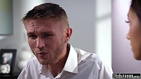 Stepsis rides stepbro's monster cock deep. She keeps his secret with shaved pussy oral.