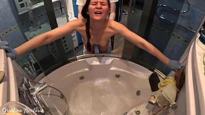 Brunette girl next door with long hair and natural tits moans loud during doggystyle fucking in bath by neighbor's big cock.