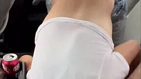 WOW! WET T-SHIRT STREETWALKER SUCKS DEEP IN BACKSEAT SWALLOWS EVERY DROP!