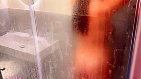 Spying on teen 18+ stepsister in shower while she shaves hairy pussy and jerking off until caught - Eva Myst