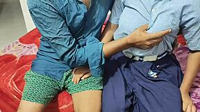 Desi college girl rides boyfriend in cowgirl for hardcore creampie sex with big natural tits.