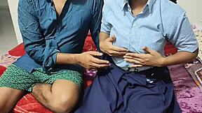 Desi college girl rides boyfriend in cowgirl for hardcore creampie sex with big natural tits.