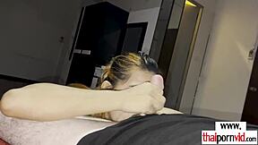 petite thai slut nam licks fucks big white cock!