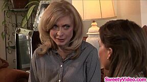 lesbian milf fingers and licks eager brunette student pussy in heated session