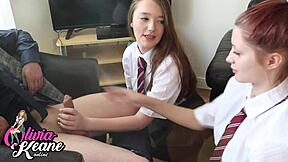 Two british college students wank professor's cock hard