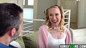 stepdad POUNDS stepdaughter's tight pussy while stepniece watches then joins the ffm fuck 😈🍆💦