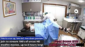 Miraa Monroe spreads shaved pussy in latex gloves for vibrator gyno exam