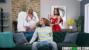 lucky stepson dives into stepmom's pussy then bangs stepsis too