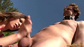 Femdom babe jerks loser cock outdoors til massive cumshot explosion!