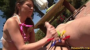 Femdom babe jerks loser cock outdoors til massive cumshot explosion!