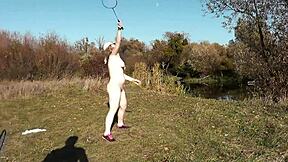 autumn frina strips naked outdoors plays badminton with lover then big ass doggy