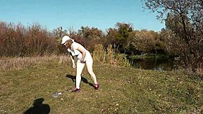 autumn frina strips naked outdoors plays badminton with lover then big ass doggy