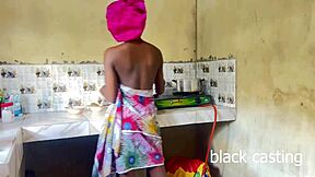 skinny ebony maid rides my big cock in kitchen sans wife