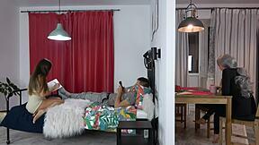 Teen sneaks kitchen fuck with sister's older husband!