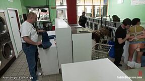 tied up brunette whore dominated fucked hard public laundromat humiliation pain