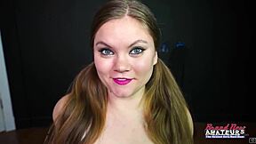 Pretty petite brunette coed Lauren sucks dick then rides juicy monster cock to cumshot