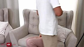 Busty shaved teen rides cock in mmf threesome with boyfriend and friend