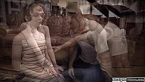 Virgin brunette with small tits finally takes that monster cock