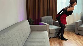 Redhead In Tight Nylon Pantyhose Gets Feet Cumshot