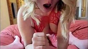 blonde milf wife in red bodysuit moans doggystyle close-up begging for thick creampie finish