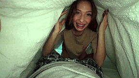 Morning kisses wake him under warm sheets