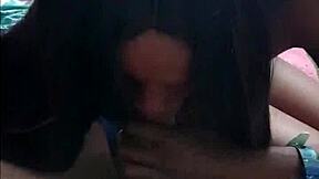 Skinny ebony babe devours white cock hungrily