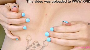 Charming blonde poses naked for close-up casting interview on the sofa