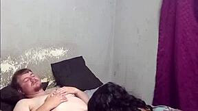 Boss chills with ebony maid's footjob blowjob while wife works