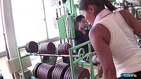 at gym guys fucked her hairy cunt deep doggystyle and squeezed those big natural tits