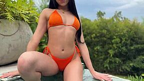 Neighbor's skinny latina pussy rides hard poolside after teasing