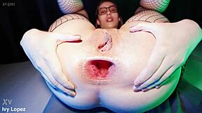 brunette teen glasses fart gape her destroyed asshole eggplant doggystyle fishnets close up orgasm