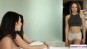 lesbian stepmom shares hairy pussy gf with stepteen for licking?