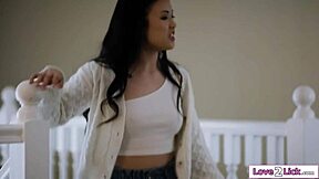 Last Lesbian Fling in Old Room: Petite Asian Licks Brunette's Hairy Pussy!