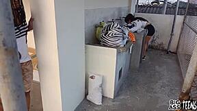 blackmailing big ass aunt on balcony for dirty blowjob creampie and anal pounding