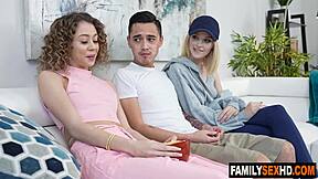 Stepbrother rouses stepsisters for wild threesome pounding