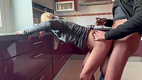 Horny wife in kitchen begs me eat pussy then doggystyle creampie inside!