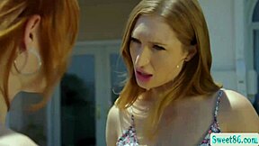 oh man, pretty redhead lesbian babes skylar snow and lacy lennon kiss and scissor passionately in the snow!