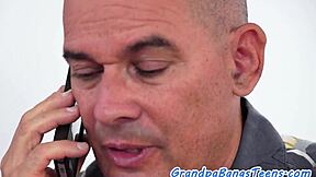 Teen model spreads shaved pussy for grandpa's hard missionary fuck