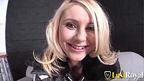 Blonde Teen Teases Shaved Pussy with Dildo on Casting Sofa