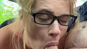 streetwalker in glasses deepthroats cock bends over car swallows cum after pov public facial from chubby guy