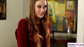 Petite Teen Sits Face on Stepmom's Big Tits After Flirty Kiss