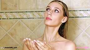 elegant blonde teen steps into shower after classy photoshoot interview