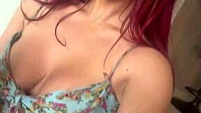 petite redhead lesbian rides huge dildo in solo fantasy