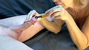 domina milf milks huge cock with handjob till massive cum explosion