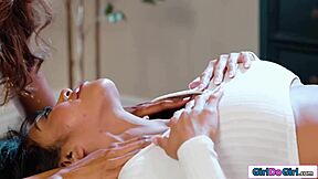 my ebony gf massages asian girl's tits and face so good